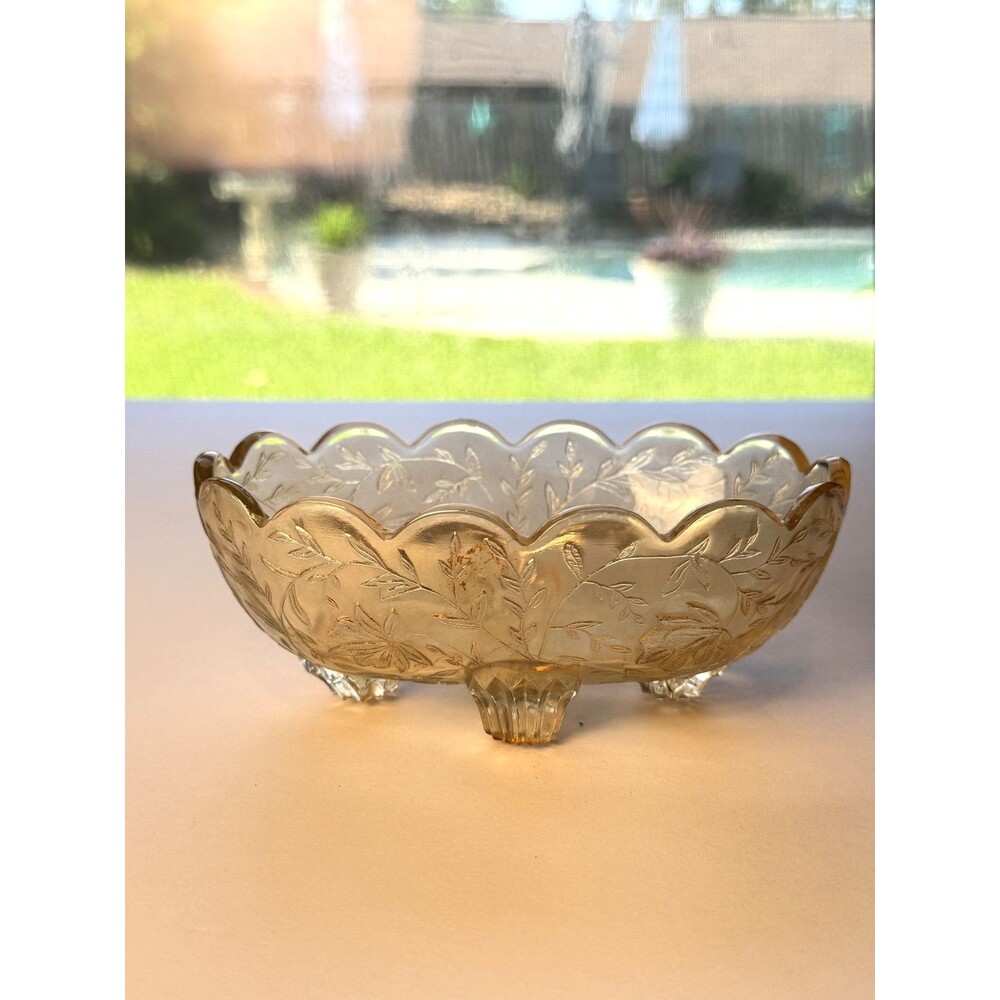 Jeanette Floragold Glass 4 Footed Trinket Dish 5.5in